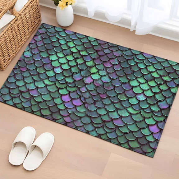 2x3 Door Mat Rug, Coastal Teal Green Non-Skid Rubber Backing Large Rectangle Rugs - Living Room Bedroom Home Office, Modern Ocean Mermaid Scales Indoor Floor Mat Carpets Washable Rug