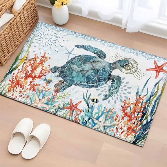 2x3 Door Mat Rug, Coastal Turtle Non-Skid Rubber Backing Large Rectangle Rugs - Living Room Bedroom Home Office, Summer Beach Nautical Coral Starfish Indoor Floor Mat Carpets Washable Rug