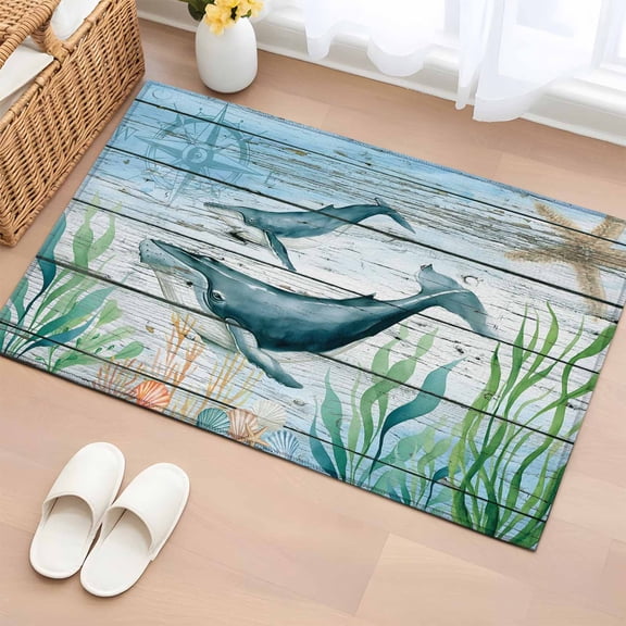 2x3 Door Mat Rug, Coastal Whale Non-Skid Rubber Backing Large Rectangle Rugs - Living Room Bedroom Home Office, Farmhouse Nautical Marine Life Starfish Indoor Floor Mat Carpets Washable Rug