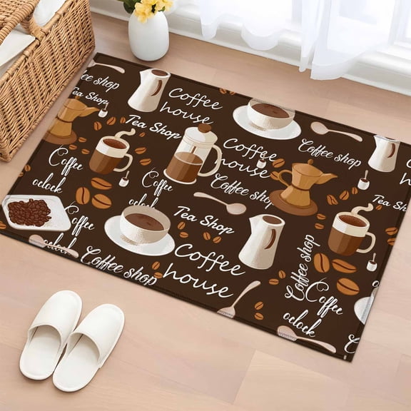2x3 Door Mat Rug, Coffee Non-Skid Rubber Backing Large Rectangle Rugs - Living Room Bedroom Home Office, Brown Retro Coffee Theme Beans Latte Tea Cup Indoor Floor Mat Carpets Washable Rug