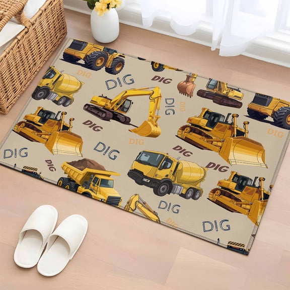 2x3 Door Mat Rug, Construction Truck Non-Skid Rubber Backing Large Rectangle Rugs - Living Room Bedroom Home Office, Cartoon Grips and Bulldozers Beige Indoor Floor Mat Carpets Washable Rug