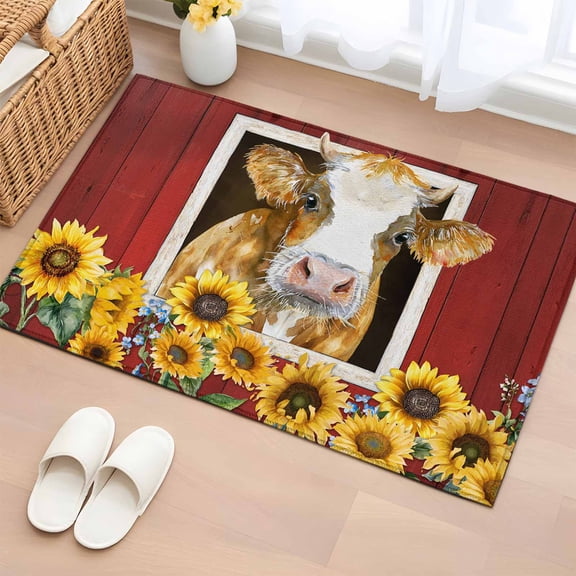 2x3 Door Mat Rug, Cows Sunflowers Non-Skid Rubber Backing Large Rectangle Rugs - Living Room Bedroom Home Office, Spring Floral Bees Farmhouse Barn Indoor Floor Mat Carpets Washable Rug