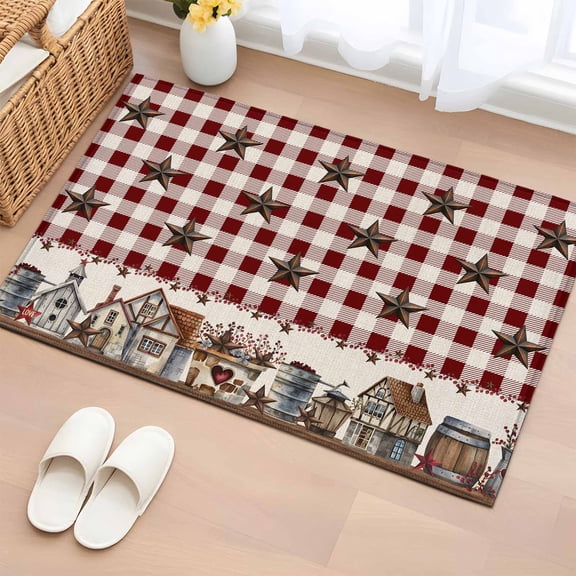 2x3 Door Mat Rug, Farm Red Non-Skid Rubber Backing Large Rectangle Rugs - Living Room Bedroom Home Office, Brown Western Texas Star Red Plaid Country Indoor Floor Mat Carpets Washable Rug