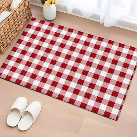 2x3 Door Mat Rug, Farmhouse Buffalo Plaid Non-Skid Rubber Backing Large Rectangle Rugs - Living Room Bedroom Home Office, Red White Checkered Indoor Floor Mat Carpets Washable Rug