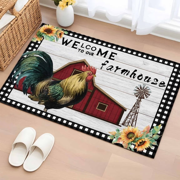 2x3 Door Mat Rug, Farmhouse Rooster Non-Skid Rubber Backing Large Rectangle Rugs - Living Room Bedroom Home Office, Rustic Red Barn Windmill Sunflowers Indoor Floor Mat Carpets Washable Rug