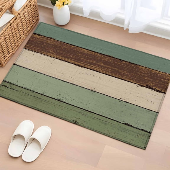 2x3 Door Mat Rug, Green Brown Non-Skid Rubber Backing Large Rectangle Rugs - Living Room Bedroom Home Office, Country Wood Grain Abstract Stripe Indoor Floor Mat Carpets Washable Rug