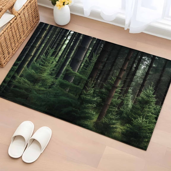 2x3 Door Mat Rug, Green Forest Non-Skid Rubber Backing Large Rectangle Rugs - Living Room Bedroom Home Office, Mysterious Primitive Forest Pine Tree Indoor Floor Mat Carpets Washable Rug