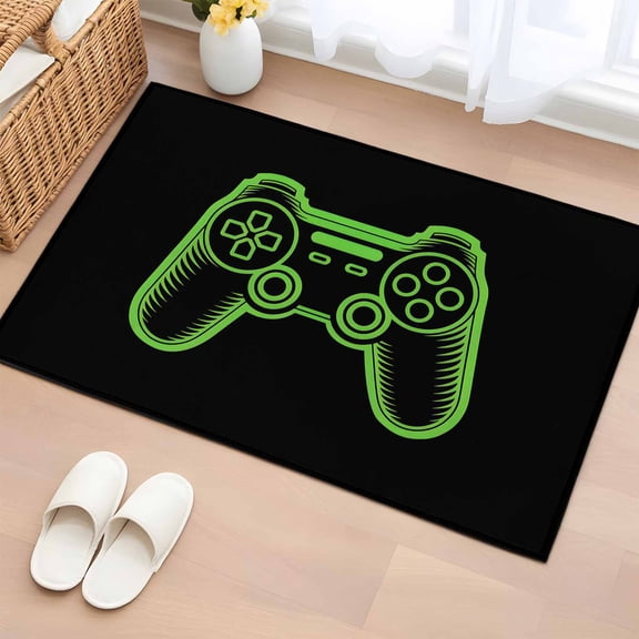 2x3 Door Mat Rug, Green Game Controller Non-Skid Rubber Backing Large Rectangle Rugs - Living Room Bedroom Home Office, Modern Art Gaming Handheld Black Indoor Floor Mat Carpets Washable Rug