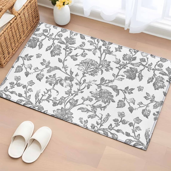 2x3 Door Mat Rug, Grey Flower Non-Skid Rubber Backing Large Rectangle Rugs - Living Room Bedroom Home Office, Vintage Farmhouse Boho Leaf Spring Plant Indoor Floor Mat Carpets Washable Rug