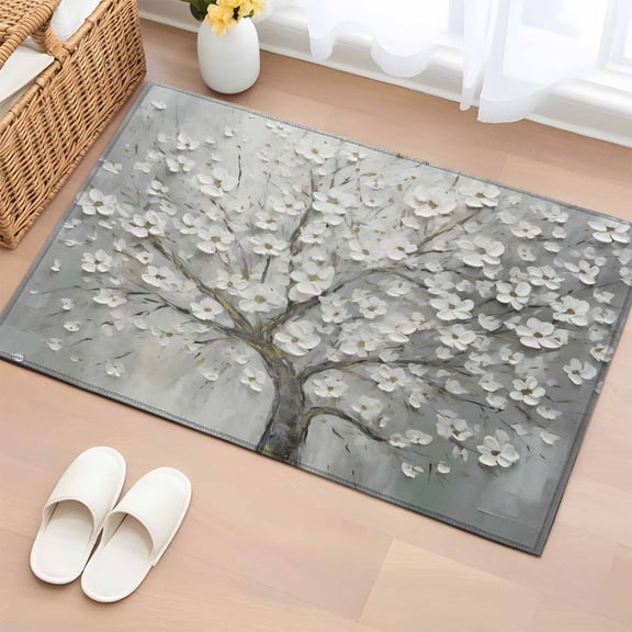 2x3 Door Mat Rug, Grey Flowers Non-Skid Rubber Backing Large Rectangle Rugs - Living Room Bedroom Home Office, Spring Floral Modern Oil Painting Art Indoor Floor Mat Carpets Washable Rug