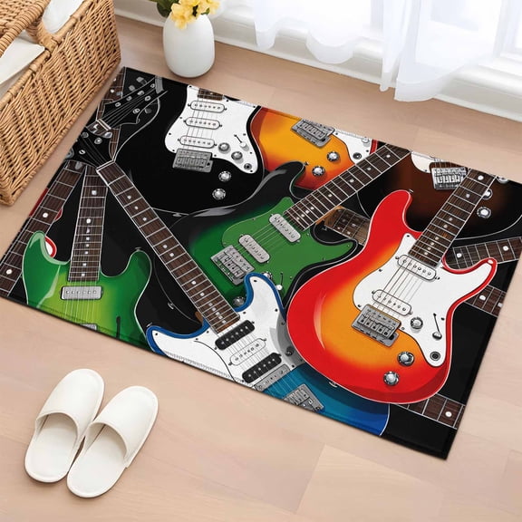 2x3 Door Mat Rug, Guitar Non-Skid Rubber Backing Large Rectangle Rugs - Living Room Bedroom Home Office, Cartoon Modern Colorful Guitars Indoor Floor Mat Carpets Washable Rug