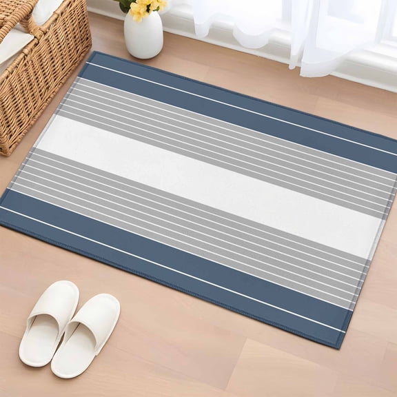 2x3 Door Mat Rug, Haze Blue Grey Stripe Non-Skid Rubber Backing Large Rectangle Rugs - Living Room Bedroom Home Office, Modern Art Horizontal Striped Indoor Floor Mat Carpets Washable Rug