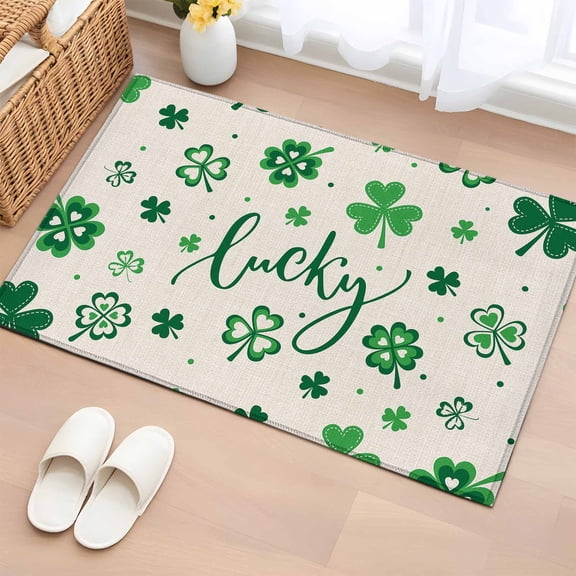2x3 Door Mat Rug, Lucky Day, Non-Skid Rubber Backing Large Rectangle Rugs - Living Room Bedroom Home Office, St. Patrick's Shamrock Rustic Clover Green Indoor Floor Mat Carpets Washable Rug