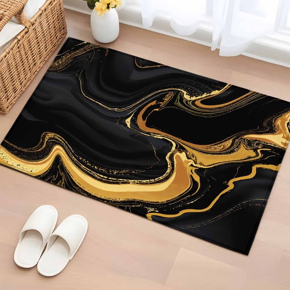 2x3 Door Mat Rug, Marble Black Non-Skid Rubber Backing Large Rectangle Rugs - Living Room Bedroom Home Office, Vintage Gold Art Abstract Farmhouse Indoor Floor Mat Carpets Washable Rug