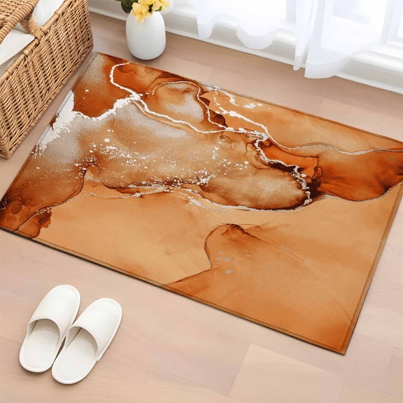 2x3 Door Mat Rug, Marble Burnt Orange Non-Skid Rubber Backing Large Rectangle Rugs - Living Room Bedroom Home Office, Modern Abstract Ink Painting Luxury Indoor Floor Mat Carpets Washable Rug
