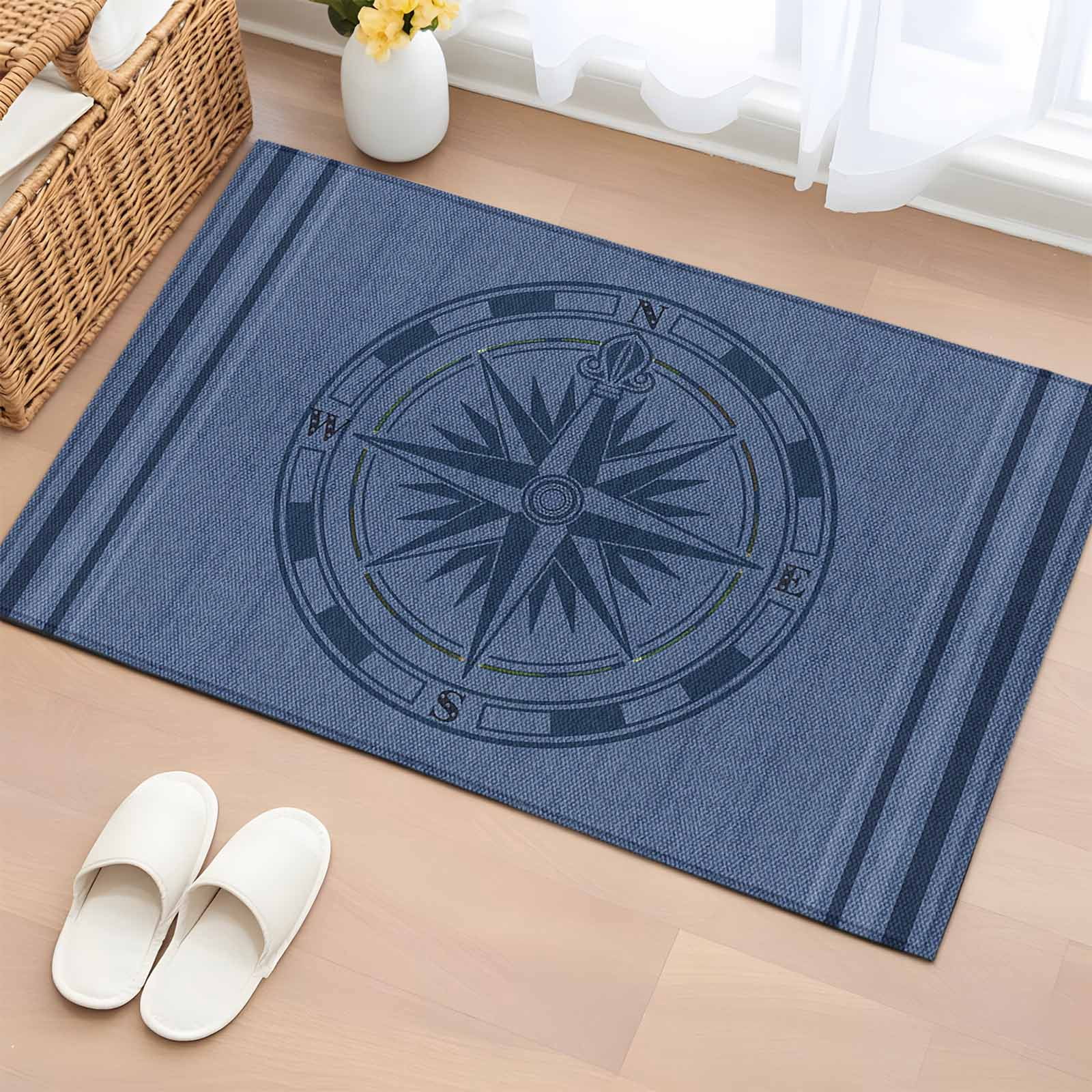 Blue Compass Rug 2x3 Door Mat Rug, Nautical Compass Non-Skid Rubber Backing Large ...
