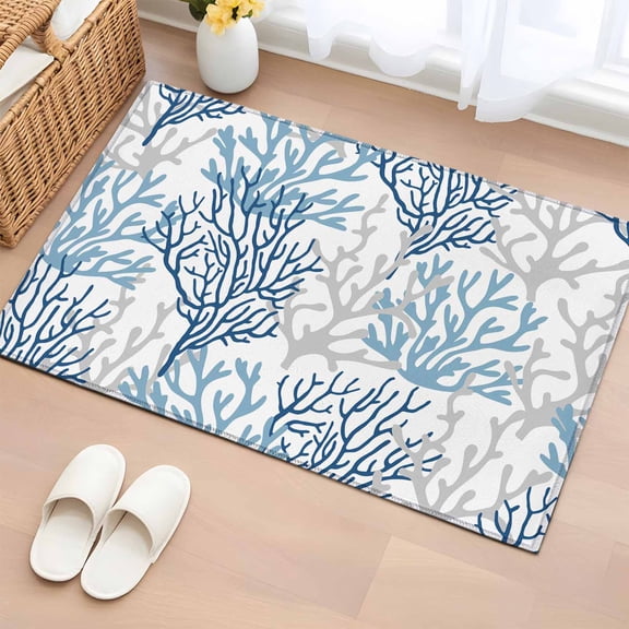 2x3 Door Mat Rug, Navy Blue Coral Coastal Non-Skid Rubber Backing Large Rectangle Rugs - Living Room Bedroom Home Office, Summer Beach Seaside Nautical Indoor Floor Mat Carpets Washable Rug