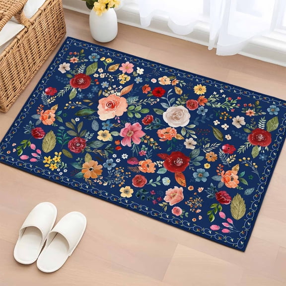 2x3 Door Mat Rug, Navy Blue Flowers Non-Skid Rubber Backing Large Rectangle Rugs - Living Room Bedroom Home Office, Spring Vintage Floral Leaves Farmhouse Indoor Floor Mat Carpets Washable Rug
