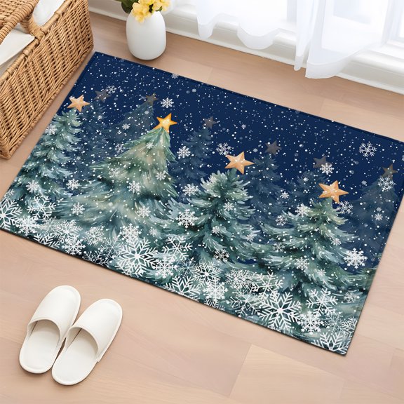 2x3 Door Mat Rug, Navy Blue Green Christmas Tree Non-Skid Rubber Backing Large Rectangle Rugs - Living Room Bedroom Home Office, Xmas Trees Snowflake Indoor Floor Mat Carpets Washable Rug