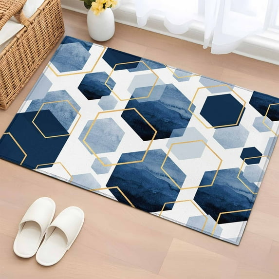 2x3 Door Mat Rug, Navy Blue Marble Non-Skid Rubber Backing Large Rectangle Rugs - Living Room Bedroom Home Office, Gold White Geometric Hexagon Modern Indoor Floor Mat Carpets Washable Rug