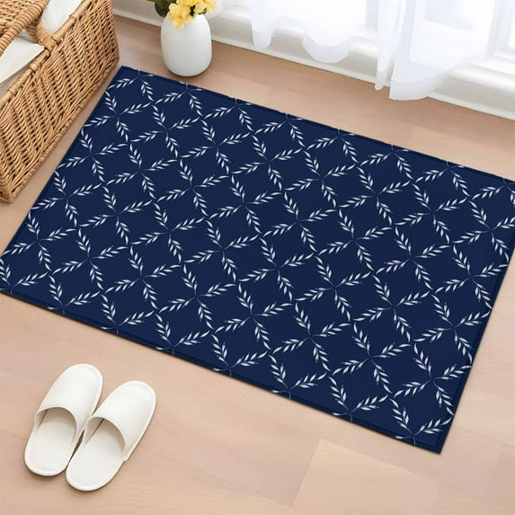 2x3 Door Mat Rug, Navy Blue Non-Skid Rubber Backing Large Rectangle Rugs - Living Room Bedroom Home Office, Geometric Leaf Diamond Plaid Abstract Check Indoor Floor Mat Carpets Washable Rug