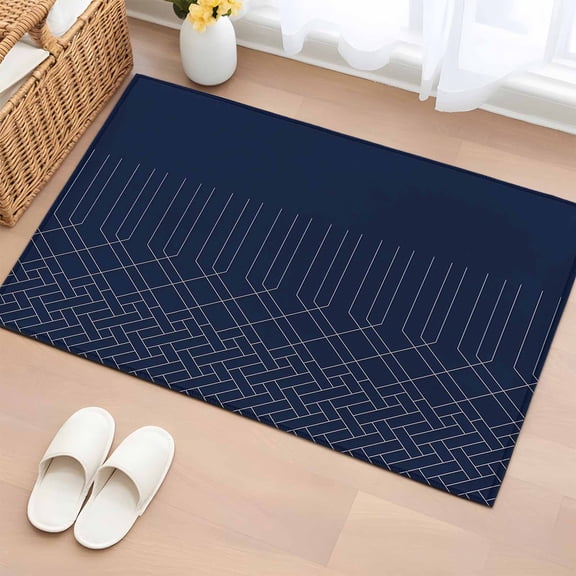 2x3 Door Mat Rug, Navy Blue White Geometric Non-Skid Rubber Backing Large Rectangle Rugs - Living Room Bedroom Home Office, Modern Herringbone Abstract Art Indoor Floor Mat Carpets Washable Rug
