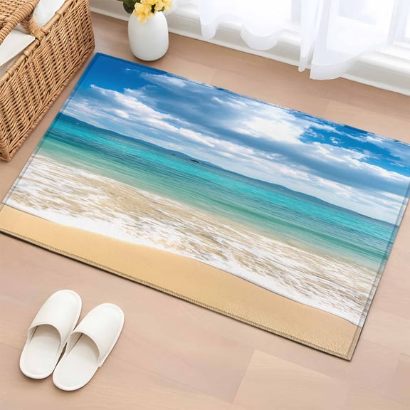 2x3 Door Mat Rug, Ocean Beach Non-Skid Rubber Backing Large Rectangle Rugs - Living Room Bedroom Home Office, Blue Sky Waves Sand Horizon Shore Summer Indoor Floor Mat Carpets Washable Rug