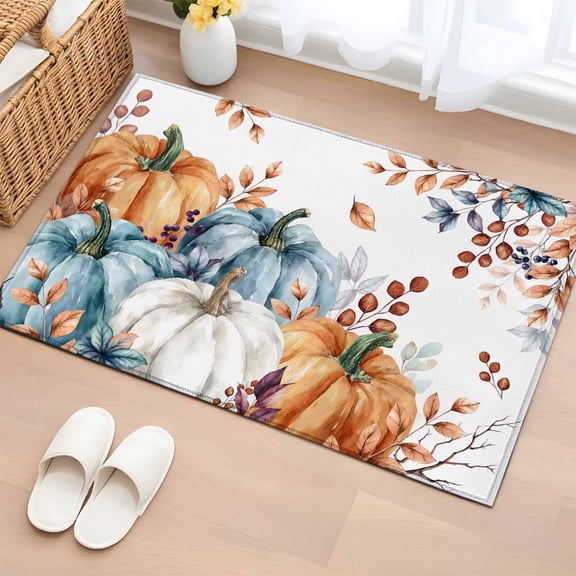 2x3 Door Mat Rug, Orange Blue Grey Fall Non-Skid Rubber Backing Large Rectangle Rugs - Living Room Bedroom Home Office, Thanksgiving Pumpkins Botanical Indoor Floor Mat Carpets Washable Rug