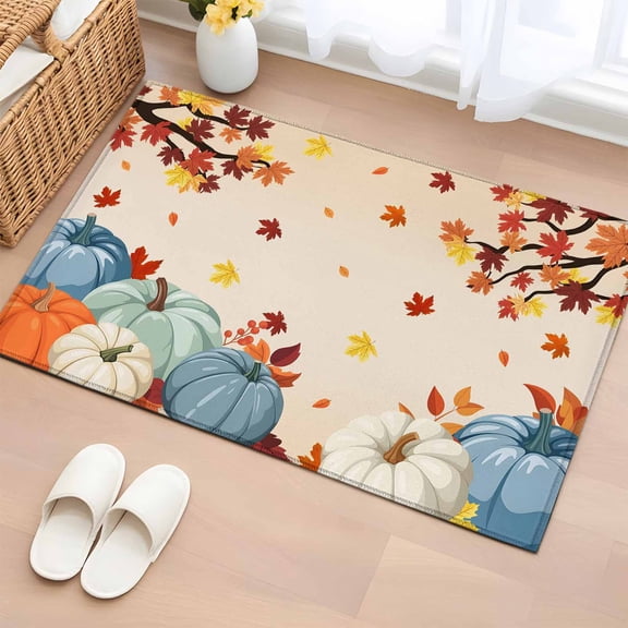 2x3 Door Mat Rug, Orange Blue Pumpkin Fall Non-Skid Rubber Backing Large Rectangle Rugs - Living Room Bedroom Home Office, Branches Thanksgiving Maple Leaf Indoor Floor Mat Carpets Washable Rug