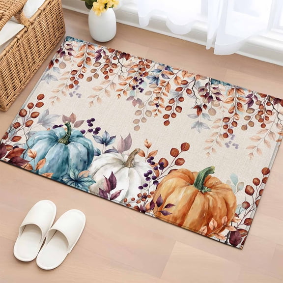 2x3 Door Mat Rug, Orange Blue Pumpkin Fall Non-Skid Rubber Backing Large Rectangle Rugs - Living Room Bedroom Home Office, Thanksgiving Eucalyptus Leaves Rustic Indoor Floor Mat Carpets Washable Rug