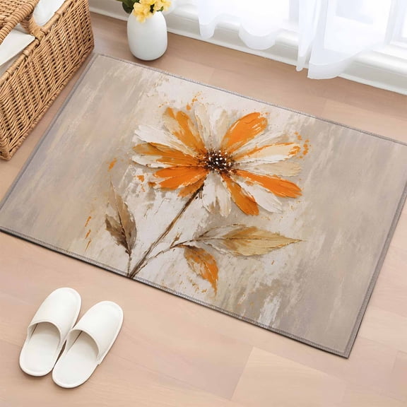 2x3 Door Mat Rug, Orange Floral Non-Skid Rubber Backing Large Rectangle Rugs - Living Room Bedroom Home Office, Oil Painting Modern Abstract Art Flowers Indoor Floor Mat Carpets Washable Rug