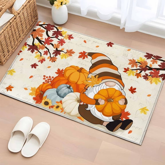 2x3 Door Mat Rug, Orange Pumpkin Fall Non-Skid Rubber Backing Large Rectangle Rugs - Living Room Bedroom Home Office, Gnomes Thanksgiving Maple Leaves Branches Indoor Floor Mat Carpets Washable Rug