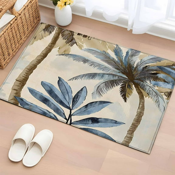 2x3 Door Mat Rug, Palm Trees Non-Skid Rubber Backing Large Rectangle Rugs - Living Room Bedroom Home Office, Blue Brown Vintage Watercolor Tropical Indoor Floor Mat Carpets Washable Rug