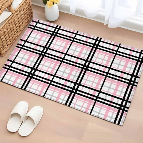 2x3 Door Mat Rug, Pink Black Plaid Non-Skid Rubber Backing Large Rectangle Rugs - Living Room Bedroom Home Office, Farmhouse Pink Black Checkered Indoor Floor Mat Carpets Washable Rug