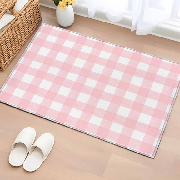 2x3 Door Mat Rug, Pink Buffalo Plaid Non-Skid Rubber Backing Large Rectangle Rugs - Living Room Bedroom Home Office, Farmhouse Pink White Checkered Indoor Floor Mat Carpets Washable Rug
