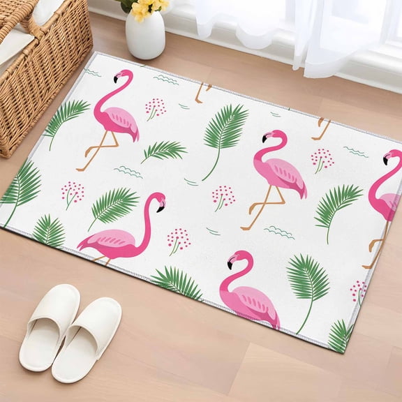 2x3 Door Mat Rug, Pink Flamingos Non-Skid Rubber Backing Large Rectangle Rugs - Living Room Bedroom Home Office, Summer Green Tropical Palm Leaves Indoor Floor Mat Carpets Washable Rug