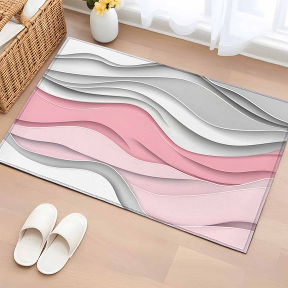 2x3 Door Mat Rug, Pink Gray Ombre Non-Skid Rubber Backing Large Rectangle Rugs - Living Room Bedroom Home Office, Modern Abstract Moire Art Geometric Indoor Floor Mat Carpets Washable Rug