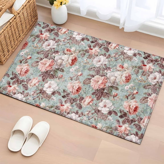2x3 Door Mat Rug, Pink Green Spring Floral Non-Skid Rubber Backing Large Rectangle Rugs - Living Room Bedroom Home Office, Vintage Botanical Summer Indoor Floor Mat Carpets Washable Rug