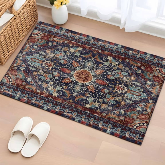 2x3 Door Mat Rug, Retro Boho Non-Skid Rubber Backing Large Rectangle Rugs - Living Room Bedroom Home Office, Rustic Flowers Modern Geometric Abstract Art Indoor Floor Mat Carpets Washable Rug