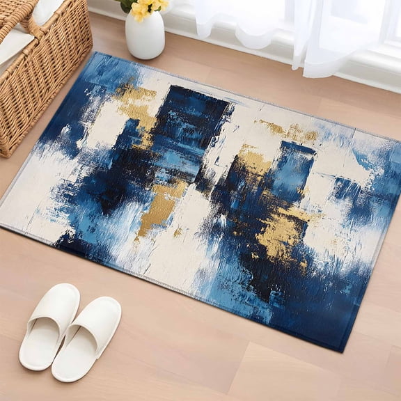 2x3 Door Mat Rug, Rustic Blue Gold Non-Skid Rubber Backing Large Rectangle Rugs - Living Room Bedroom Home Office, Abstract Neutral Brush Strokes Artwork Indoor Floor Mat Carpets Washable Rug