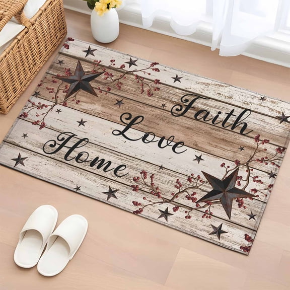 2x3 Door Mat Rug, Rustic Star Brown Non-Skid Rubber Backing Large Rectangle Rugs - Living Room Bedroom Home Office, Vintage Plants Berry Wooden Grain Indoor Floor Mat Carpets Washable Rug