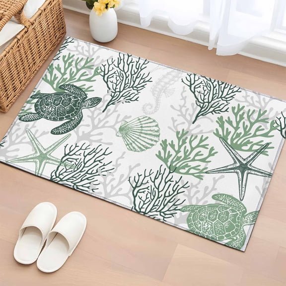 2x3 Door Mat Rug, Sage Green Coastal Non-Skid Rubber Backing Large Rectangle Rugs - Living Room Bedroom Home Office, Sea Turtle Nautical Coral Summer Beach Indoor Floor Mat Carpets Washable Rug