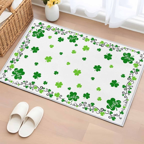 2x3 Door Mat Rug, Shamrocks, Non-Skid Rubber Backing Large Rectangle Rugs - Living Room Bedroom Home Office, Saint Patricks Day Green Clover Green White Indoor Floor Mat Carpets Washable Rug