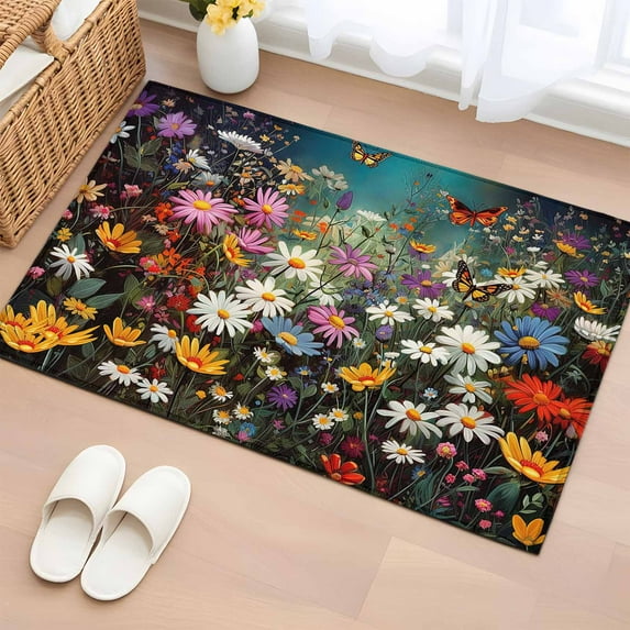 2x3 Door Mat Rug, Spring Floral Non-Skid Rubber Backing Large Rectangle Rugs - Living Room Bedroom Home Office, Colorful Daisy Summer Botanical Butterfly Indoor Floor Mat Carpets Washable Rug