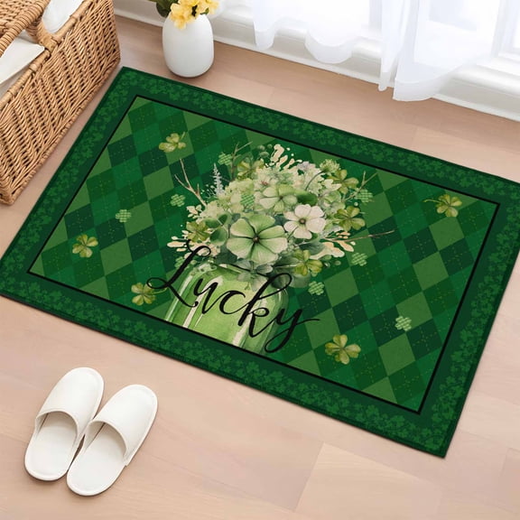 2x3 Door Mat Rug, St. Patrick's Day, Non-Skid Rubber Backing Large Rectangle Rugs - Living Room Bedroom Home Office, Flower Leaves Vase Green Buffao Lattice Indoor Floor Mat Carpets Washable Rug