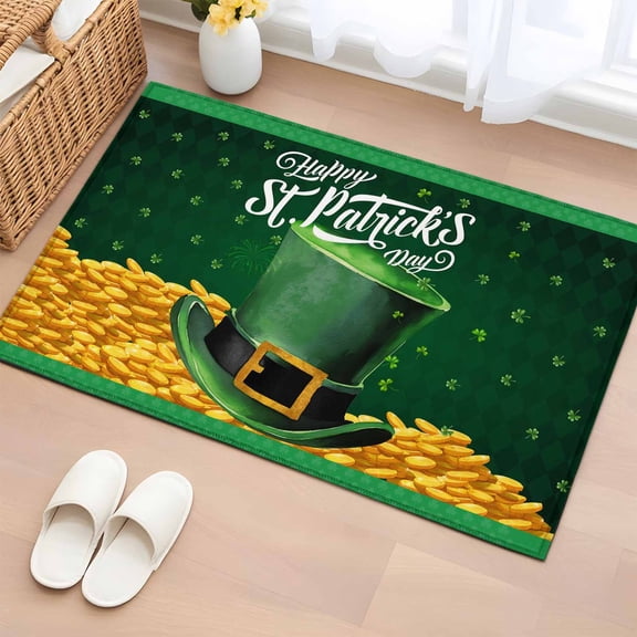 2x3 Door Mat Rug, St. Patrick's Day Non-Skid Rubber Backing Large Rectangle Rugs - Living Room Bedroom Home Office, Funny Green Hats Leaves Coin Art Indoor Floor Mat Carpets Washable Rug