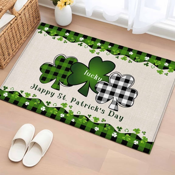 2x3 Door Mat Rug, St. Patrick's Day Non-Skid Rubber Backing Large Rectangle Rugs - Living Room Bedroom Home Office, Green and Black Checkered Lucky Indoor Floor Mat Carpets Washable Rug