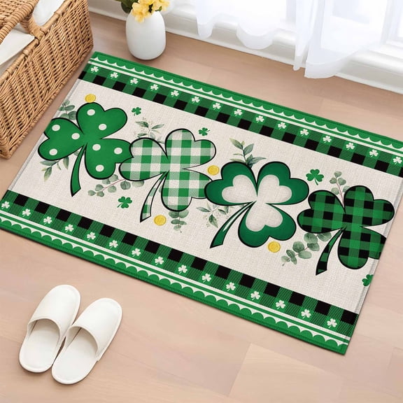 2x3 Door Mat Rug, St. Patrick's Day, Non-Skid Rubber Backing Large Rectangle Rugs - Living Room Bedroom Home Office, Green Shamrock Farmhouse Plaid Eucalyptus Indoor Floor Mat Carpets Washable Rug