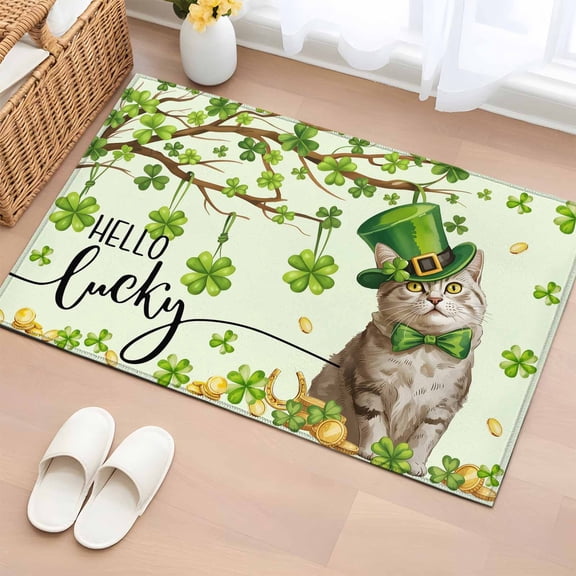 2x3 Door Mat Rug, St. Patrick's Day Non-Skid Rubber Backing Large Rectangle Rugs - Living Room Bedroom Home Office, Lucky Cat Shamrock Grasses Trees Indoor Floor Mat Carpets Washable Rug
