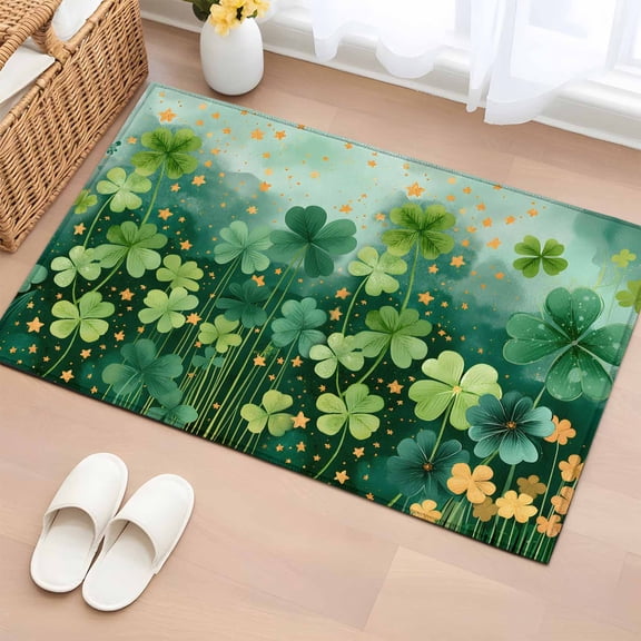2x3 Door Mat Rug, St. Patrick's Day Non-Skid Rubber Backing Large Rectangle Rugs - Living Room Bedroom Home Office, Lucky Shamrocks Gradient Green Leaves Rustic Indoor Floor Mat Carpets Washable Rug